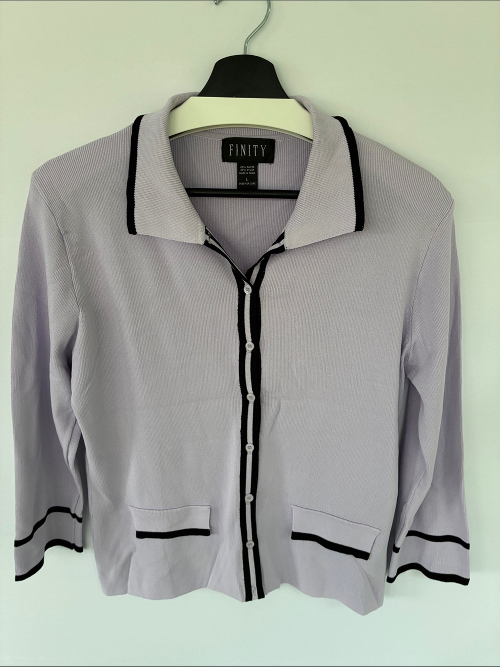 Finity Lavender Knit Button-Front Ribbed Cardigan with Black Trim Large